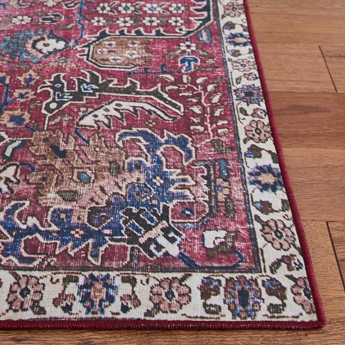 SAFAVIEH Washable Rug Tucson Collection - 9' x 12', Red & Beige, Slip Resistant & Easy to Clean, Ideal for Living Room, Bedroom, Dining Space (TSN174Q)