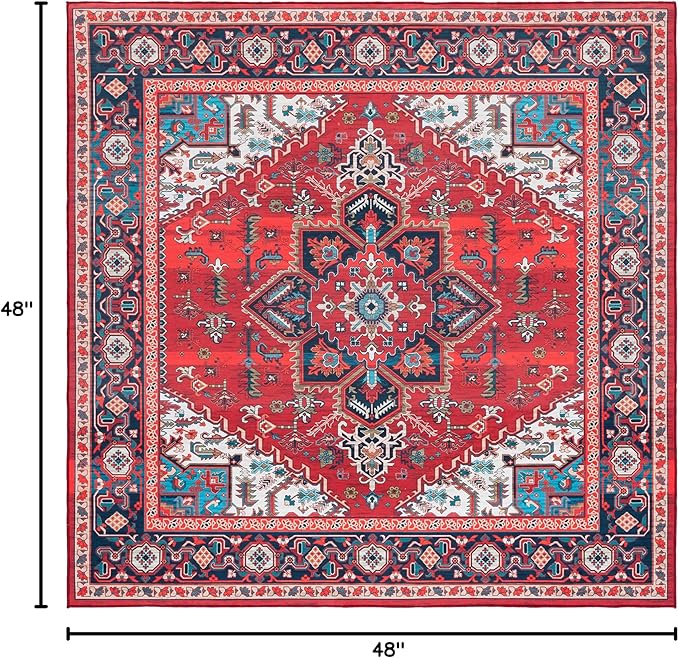 SAFAVIEH Washable Rug Tucson Collection - 4' Square, Red & Blue, Slip Resistant & Easy to Clean, Ideal for Foyer, Kitchen, Nursery, Office, Bedroom (TSN101Q)