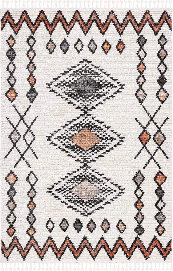 SAFAVIEH Moroccan Tassels Collection Area Rug - 5'5" x 7'6", Ivory & Orange, Modern Boho Rustic Design, Non-Shedding & Easy Care, Ideal for High Traffic Areas in Living Room, Bedroom (MRT105A)