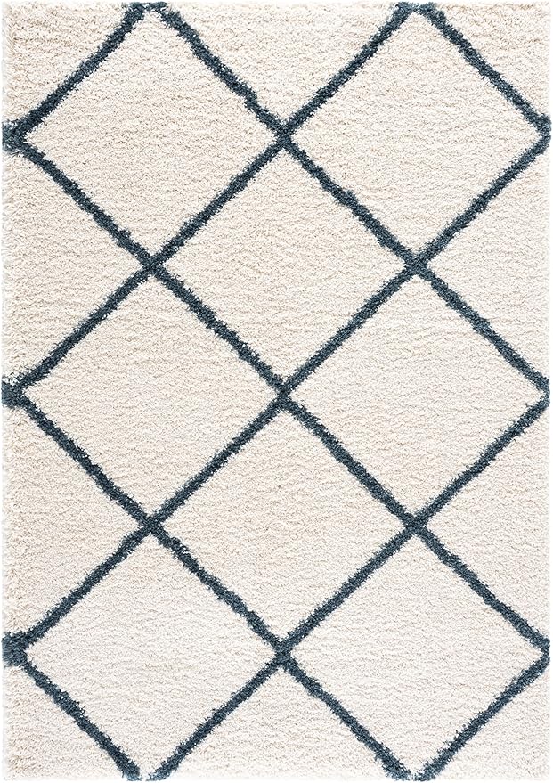 SAFAVIEH Hudson Shag Collection Area Rug - 5'3" x 7'6", Ivory & Slate Blue, Modern Trellis Design, Non-Shedding & Easy Care, 2-inch Thick Ideal for High Traffic Areas in Living Room, Bedroom (SGH281T)