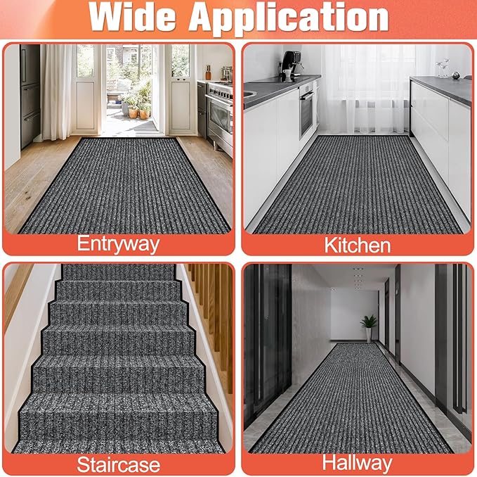MYFAMIREA Commercial Floor Mat 3' x 10' Extra Large Front Door Industrial Rug Heavy Duty Brush Step Entrance Mat Weather Utility Rug with Non Slip Rubber Backing Low Profile for Entryway,Charcoal Grey