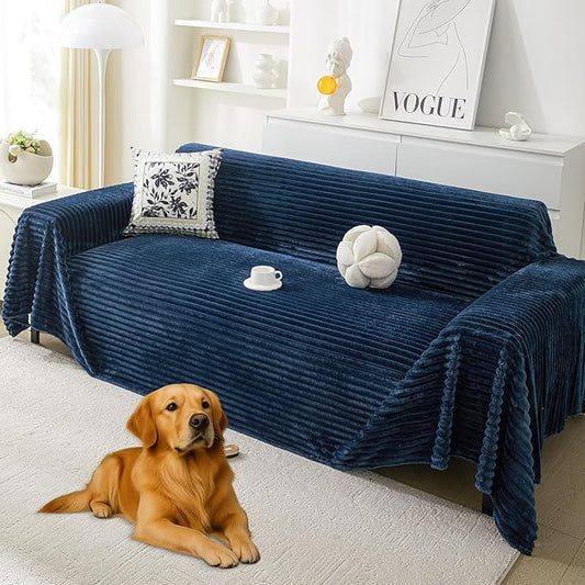 HAOMAIJIA Faux Fur Sofa Covers Couch Covers for 3 Cushion Couch Sofa Pet Friendly Soft Non Slip Couch Cover for Dogs Washable Sectional Couch Covers L Shape Furniture Protector (Navy Blue, 91"x150")