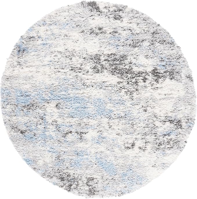 SAFAVIEH Lindsay Shag Collection Area Rug - 6'7" Round, Grey/Blue Ivory, Geometric Design, Ideal for High Traffic Areas in Living Room, Bedroom, Dining (LNS556F)