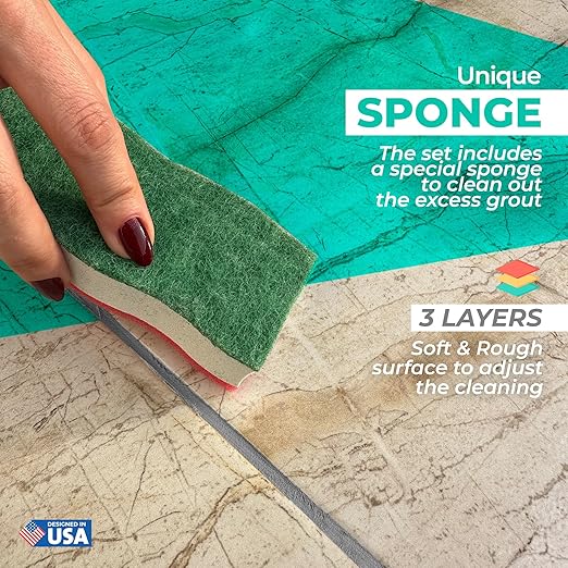 Pentausa Premixed Acrylic Sanded Tile Grout Repair Kit - Ready to Use Grout Renew Filler for Bathroom, Shower, & Kitchen Tile with Grout Removal Tool, Applicator & Sponge, (8.8 Oz - 250gr) (Grey)