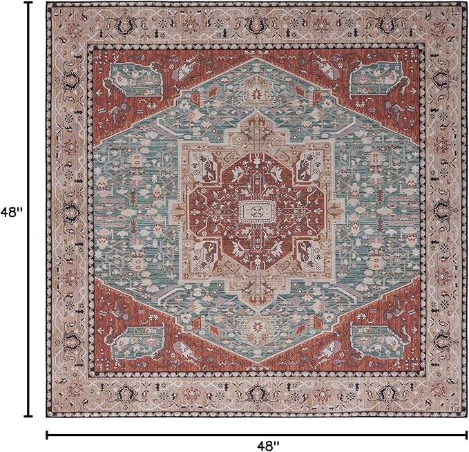 SAFAVIEH Washable Rug Tucson Collection - 4' Square, Aqua & Rust, Slip Resistant & Easy to Clean, Ideal for Foyer, Kitchen, Nursery, Office, Bedroom (TSN150J)