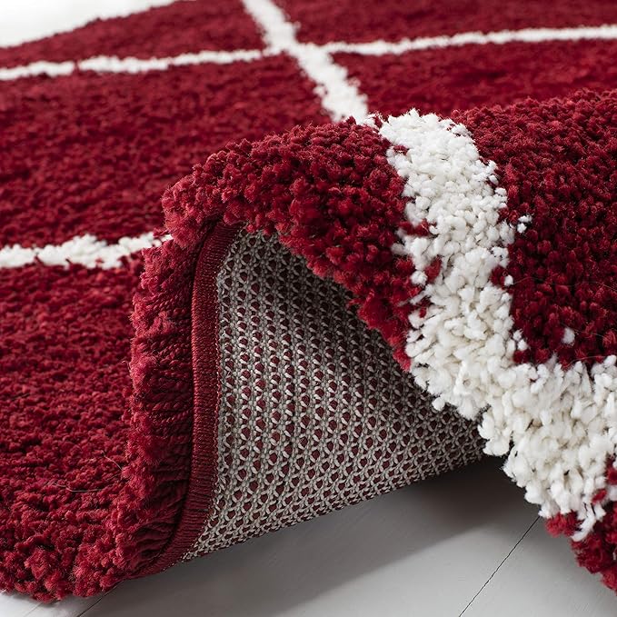 SAFAVIEH Hudson Shag Collection 7' Square Red / Ivory SGH281R Modern Diamond Trellis Non-Shedding Living Room Bedroom Dining Room Entryway Plush 2-inch Thick Area Rug