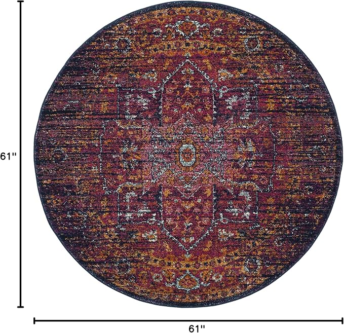 SAFAVIEH Evoke Collection Area Rug - 5'3" Round, Blue & Fuchsia, Oriental Medallion Distressed Design, Non-Shedding & Easy Care, Ideal for High Traffic Areas in Living Room, Bedroom (EVK275F)