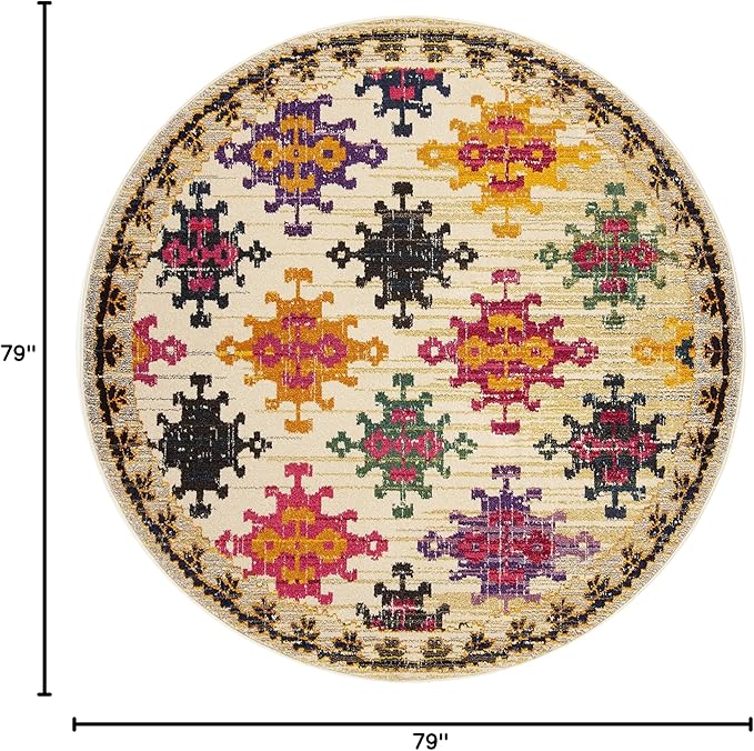 SAFAVIEH Monaco Collection Area Rug - 6'7" Round, Ivory & Multi, Boho Diamond Trellis Design, Non-Shedding & Easy Care, Ideal for High Traffic Areas in Living Room, Bedroom (MNC244A)