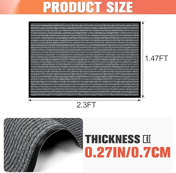Commercial Floor Mat 1.47' x 2.3' Extra Large Front Door Industrial Rug Heavy Duty Brush Step Entrance Mat Weather Utility Rug with Non Slip Rubber Backing Low Profile for Entryway, Charcoal Grey