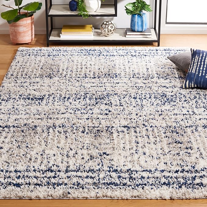 SAFAVIEH Jericho Shag Collection Accent Rug - 3' x 5', Navy & Ivory, Non-Shedding & Easy Care, 1.2-inch Thick, Ideal for The Living Room, Dining Room, Bedroom (JER100N-3)