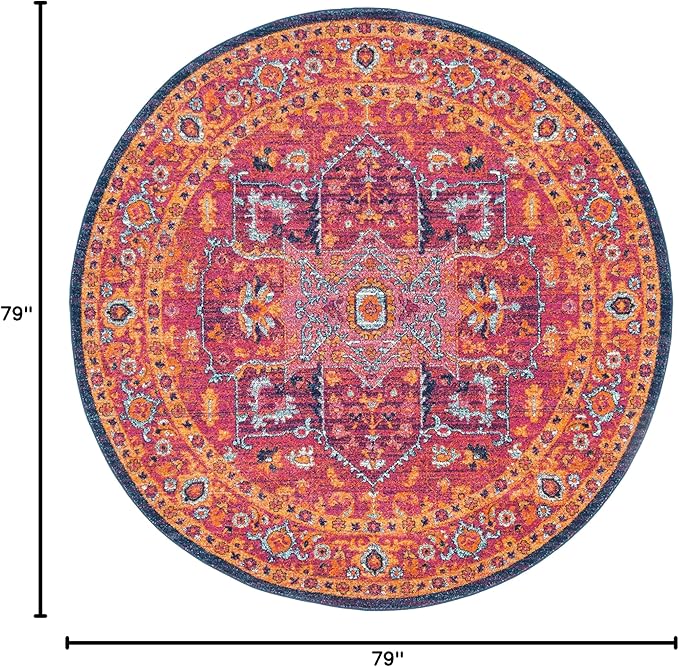 SAFAVIEH Evoke Collection 6'7" Round Fuchsia / Orange EVK275S Oriental Medallion Distressed Non-Shedding Dining Room Entryway Foyer Living Room Bedroom Area Rug