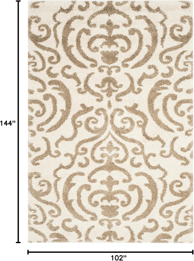 SAFAVIEH Florida Shag Collection Area Rug - 8'6" x 12', Cream & Beige, Damask Design, Non-Shedding & Easy Care, 1.2-inch Thick Ideal for High Traffic Areas in Living Room, Bedroom (SG462-1113)