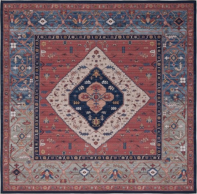 SAFAVIEH Washable Rug Tucson Collection - 4' Square, Rust & Blue, Slip Resistant & Easy to Clean, Ideal for Foyer, Kitchen, Nursery, Office, Bedroom (TSN153P)