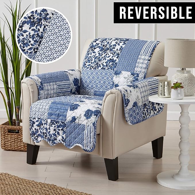 Great Bay Home Reversible Patchwork Chair Cover - Washable Slipcover Furniture Protector with Elastic Straps - Chair Cover for Dogs, Kids, and Pets - Box-Stitched Detail (Chair, Navy)