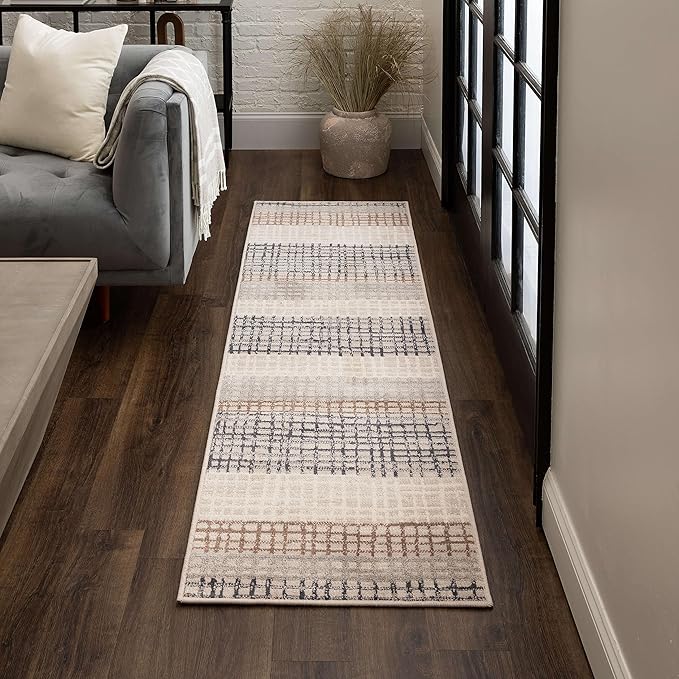 Mohawk Home Edgewater Modern Abstract Stripe Beige 2' 1" x 5' Area Rug Perfect for Kitchen, Living Room, Dining Room