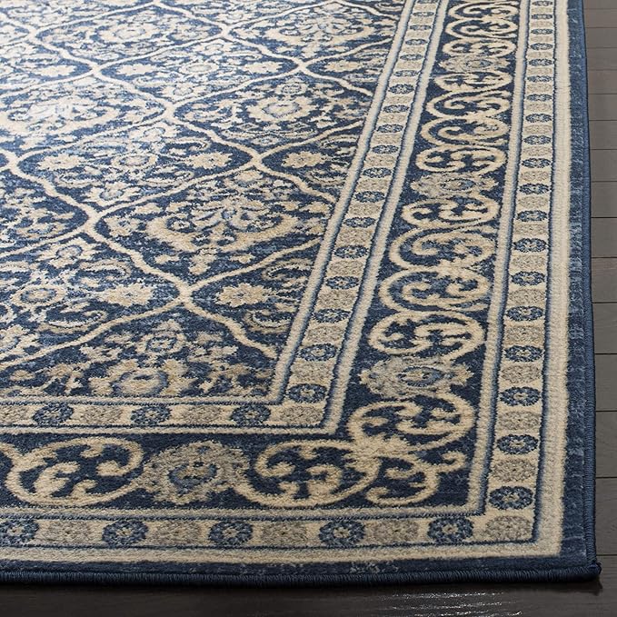 SAFAVIEH Brentwood Collection 2' x 20' Navy / Light Grey BNT870M Oriental Damask Trellis Non-Shedding Living Room Bedroom Runner Rug