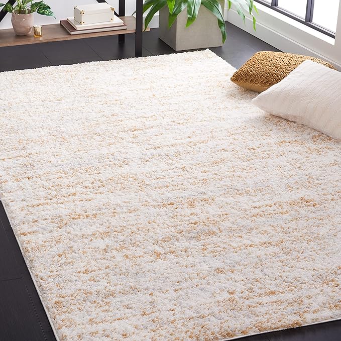 SAFAVIEH Berber Shag Collection Area Rug - 7' Square, Ivory & Light Gold, 1.2-inch Thick Ideal for High Traffic Areas in Living Room, Bedroom (BER563D)