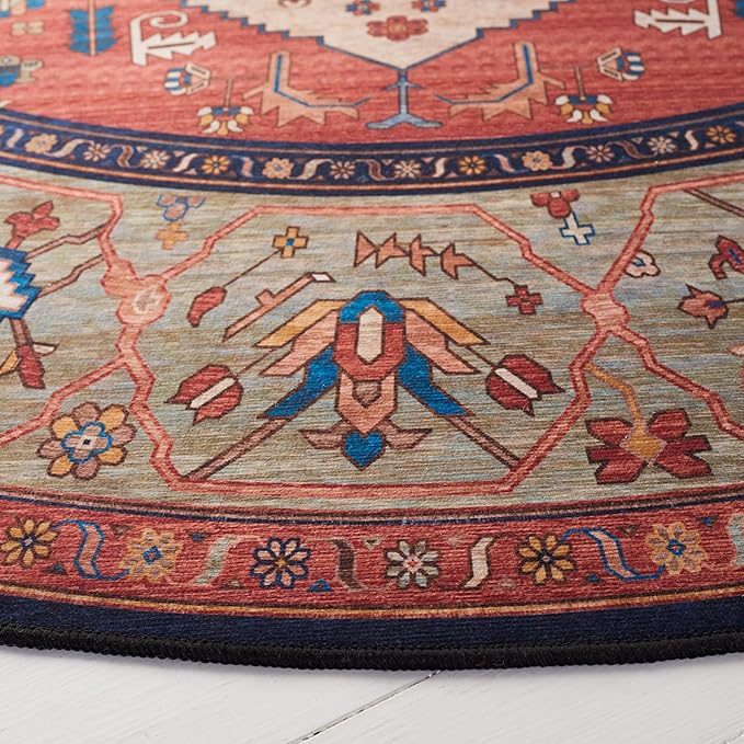 SAFAVIEH Washable Rug Tucson Collection - 3' Round, Rust & Blue, Slip Resistant & Easy to Clean, Ideal for Foyer, Entryway, Kitchen, Bedroom (TSN153P)