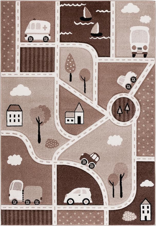 SAFAVIEH Carousel Kids Collection Area Rug - 4' x 6', Brown/Beige, Geometric Design, Ideal for High Traffic Areas in Living Room, Bedroom, Dining (CRK193T)