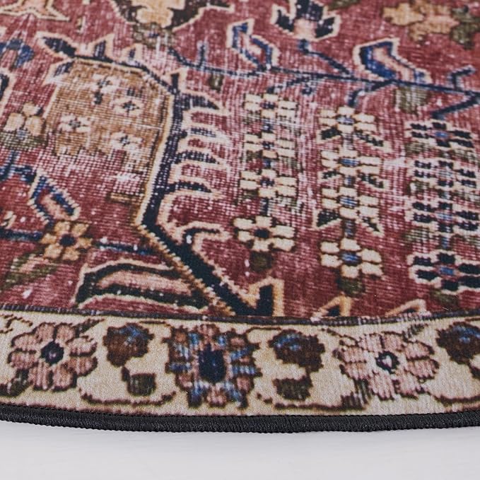 SAFAVIEH Washable Rug Tucson Collection - 4' Round, Red & Beige, Slip Resistant & Easy to Clean, Ideal for Foyer, Kitchen, Nursery, Office, Bedroom (TSN174Q)