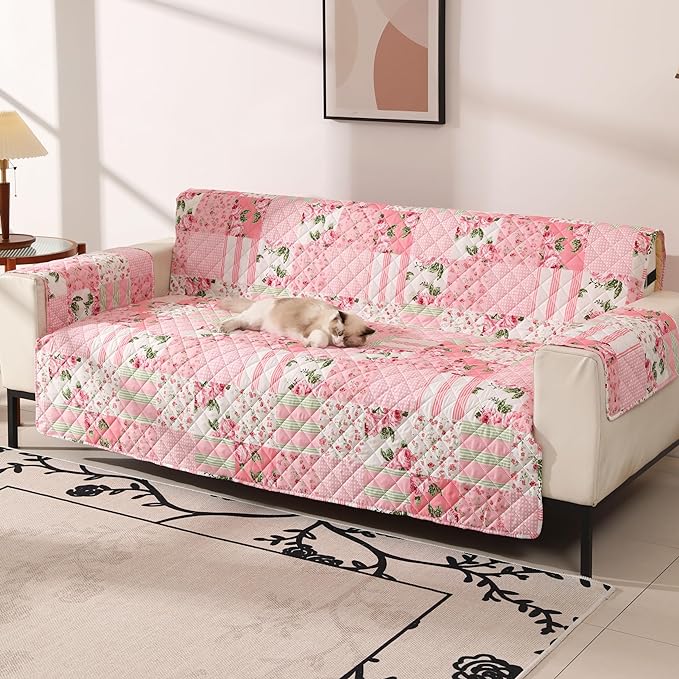 Skidproof Sofa Cover-Floral Sofa Slipcover with Elastic Straps-Easy Fit Slip Cover-Washable Furniture Protector for Pets and Kids(Loveseat,Pink)