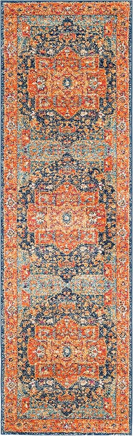 SAFAVIEH Evoke Collection 2'2" x 17' Blue/Orange EVK275C Oriental Medallion Distressed Non-Shedding Living Room Bedroom Runner Rug