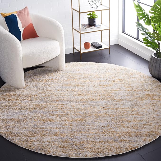 SAFAVIEH Berber Shag Collection Area Rug - 7' Round, Ivory & Light Gold, 1.2-inch Thick Ideal for High Traffic Areas in Living Room, Bedroom (BER563D)