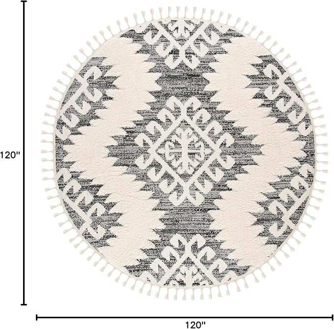 SAFAVIEH Moroccan Tassel Shag Collection Area Rug - 10' Round, Ivory & Grey, Boho Design, Non-Shedding & Easy Care, 2-inch Thick Ideal for High Traffic Areas in Living Room, Bedroom (MTS652F)