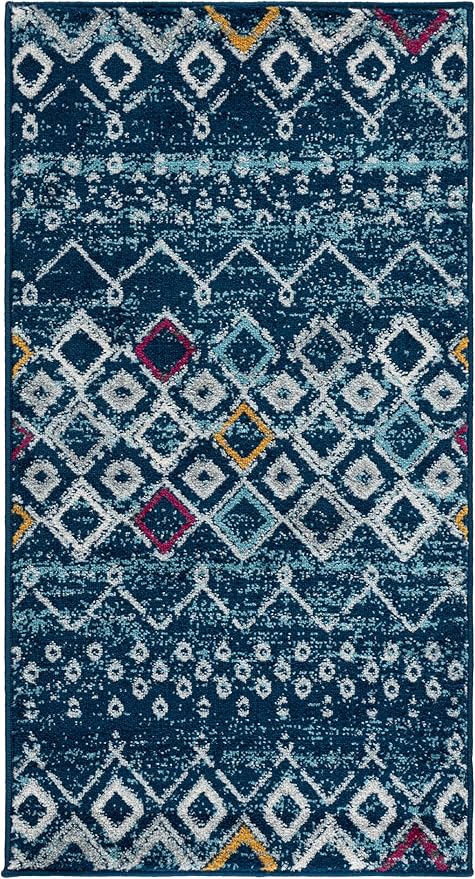 SAFAVIEH Amsterdam Collection Accent Rug - 2'3" x 4', Navy & Turquoise, Moroccan Boho Design, Non-Shedding & Easy Care, Ideal for High Traffic Areas in Entryway, Living Room, Bedroom (AMS108M)