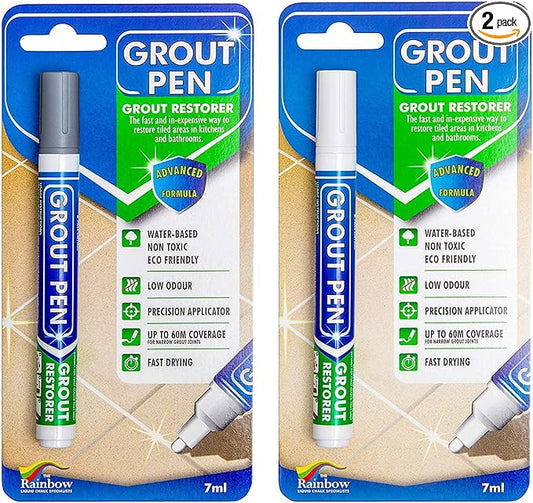 Grout Pen Tile Paint Marker: Waterproof Grout Colorant and Sealer Pen to Renew, Repair, and Refresh Tile Grout - Cleaner Coating Stain Pens - 2 Pack, 5mm Narrow Grey and 5mm Narrow White Tip