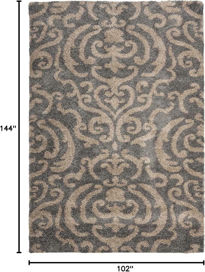 SAFAVIEH Florida Shag Collection Area Rug - 8'6" x 12', Grey & Beige, Damask Design, Non-Shedding & Easy Care, 1.2-inch Thick Ideal for High Traffic Areas in Living Room, Bedroom (SG462-8013)