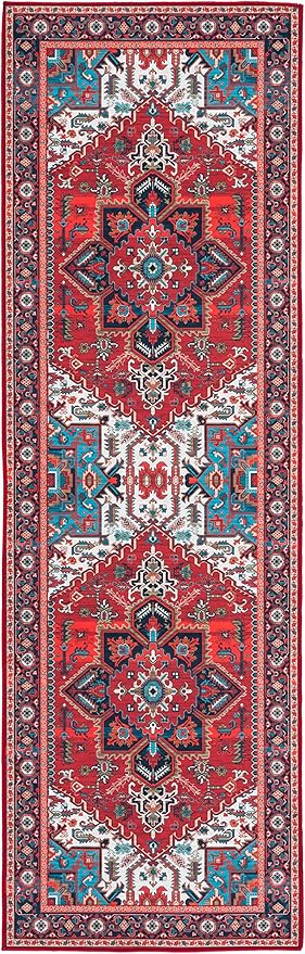 SAFAVIEH Washable Rug Tucson Collection - 2'6' x 8' Runner, Red & Blue, Slip Resistant & Easy to Clean, Ideal for Hallway, Foyer, Entryway, Bedroom (TSN101Q)
