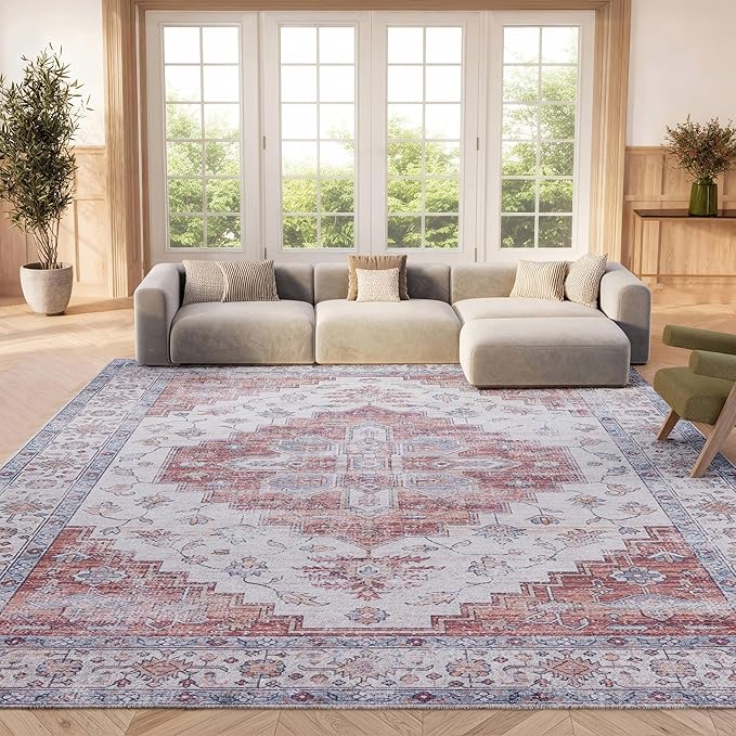 SAFAVIEH Washable Rug Tucson Collection - 8' x 10', Ivory & Rust, Slip Resistant & Easy to Clean, Ideal for Living Room, Bedroom, Dining Space (TSN109A)