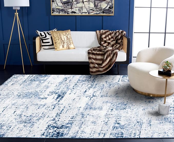 SAFAVIEH Amelia Collection X-Large Area Rug - 11' x 15', Ivory & Navy, Modern Abstract Design, Non-Shedding & Easy Care, Ideal for High Traffic Areas in Living Room, Bedroom (ALA700B)