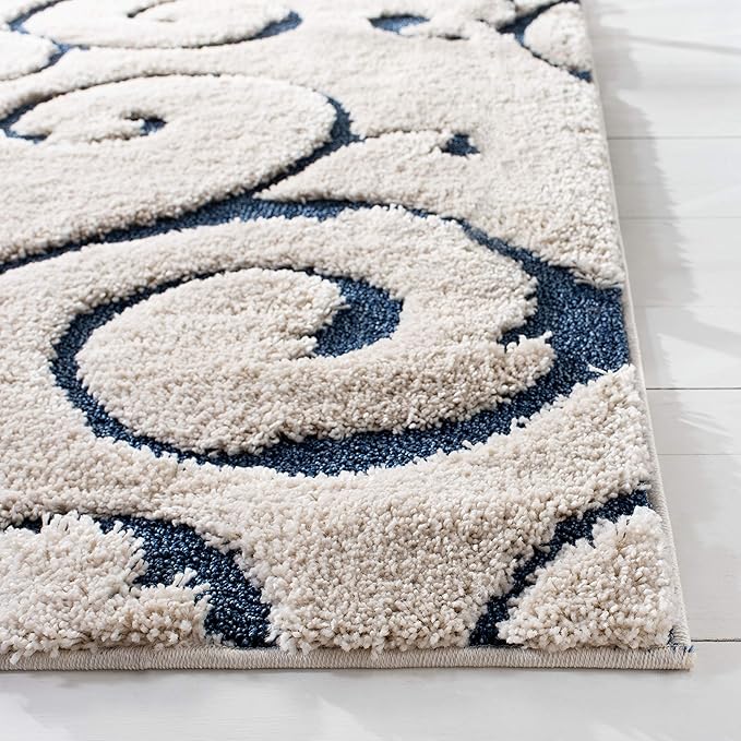 SAFAVIEH Florida Shag Collection Accent Rug - 4' x 6', Cream & Blue, Scroll Design, Non-Shedding & Easy Care, High-Low Plush Pile, Ideal for Living Room, Bedroom, Dining Space (SG455-1165)