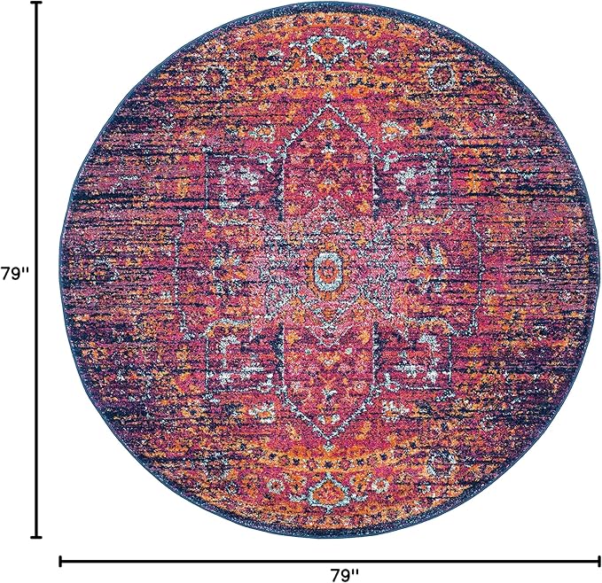 SAFAVIEH Evoke Collection Area Rug - 6'7" Round, Blue & Fuchsia, Oriental Medallion Distressed Design, Non-Shedding & Easy Care, Ideal for High Traffic Areas in Living Room, Bedroom (EVK275F)