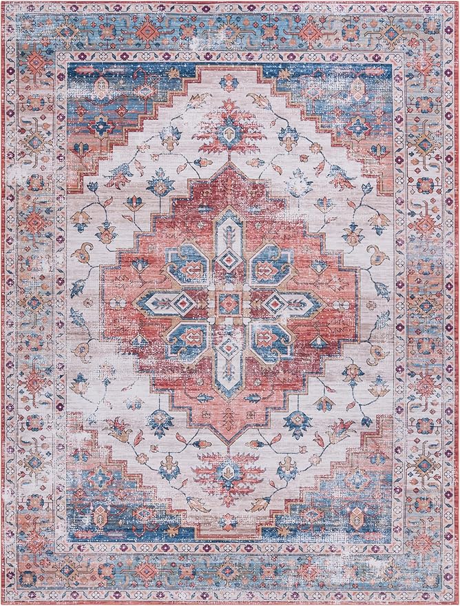SAFAVIEH Washable Rug Tucson Collection - 8' x 10', Beige & Blue, Slip Resistant & Easy to Clean, Ideal for Living Room, Bedroom, Dining Space (TSN109B)