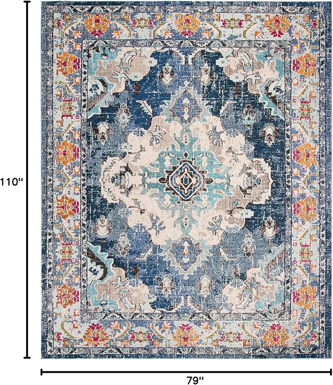 SAFAVIEH Monaco Collection Area Rug - 6'7" x 9'2", Navy & Light Blue, Non-Shedding & Easy to Clean, Distressed Medallion Design, Ideal for Living Room, Bedroom, Dining Space (MNC243N)