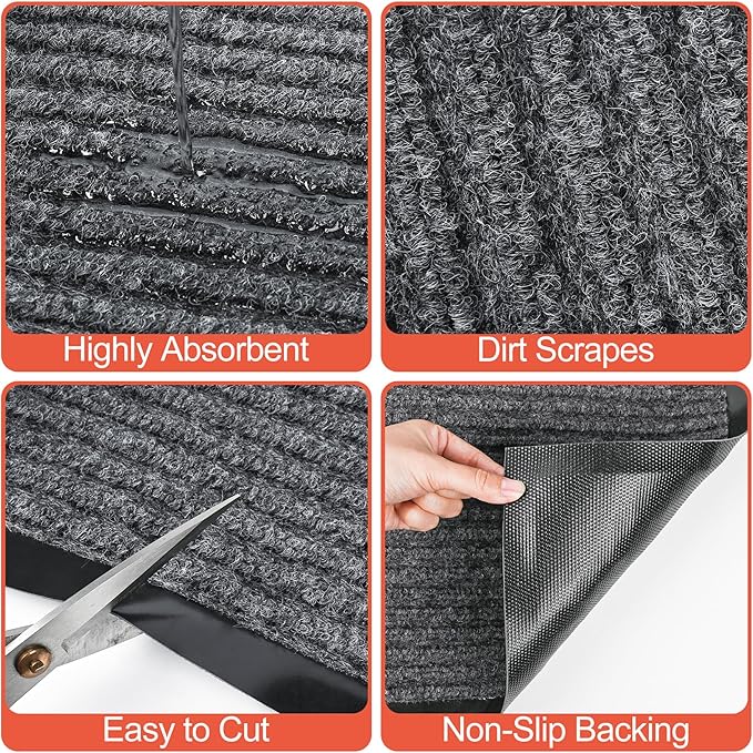 MYFAMIREA Commercial Floor Mat 3' x 6' Extra Large Front Door Industrial Rug Heavy Duty Brush Step Entrance Mat Weather Utility Rug with Non Slip Rubber Backing Low Profile for Entryway, Charcoal Grey
