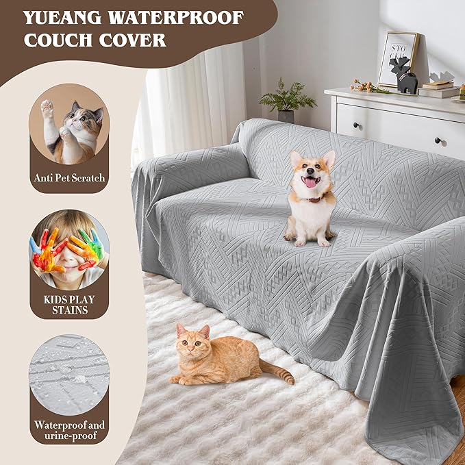 Waterproof Couch Cover, Reversible, Pet-Friendly, Washable and Anti-Slip Couch Covers for Sofa Protection with 4 Cushions, Sofa Slipcovers for Dogs and Cats (71×150in/Light Grey)