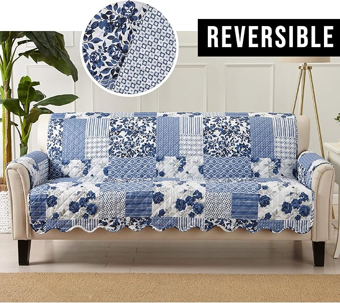 Great Bay Home Reversible Patchwork Sofa Cover - Washable Slipcover Furniture Protector with Elastic Straps - Couch Cover for Dogs, Kids, and Pets - Box-Stitched Detail (Sofa, Navy)