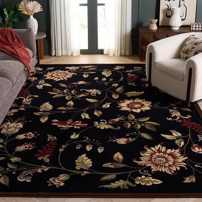 SAFAVIEH Lyndhurst Collection Area Rug - 8'9" x 12', Black & Multi, Traditional Floral Design, Non-Shedding & Easy Care, Ideal for High Traffic Areas in Living Room, Bedroom (LNH552-9091)