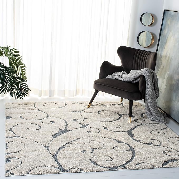 SAFAVIEH Florida Shag Collection Area Rug - 9' Square, Beige & Blue Grey, Scroll Design, Non-Shedding & Easy to Clean, High-Low Plush Pile, Ideal for Living Room, Bedroom, Dining Space (SG455-1155)