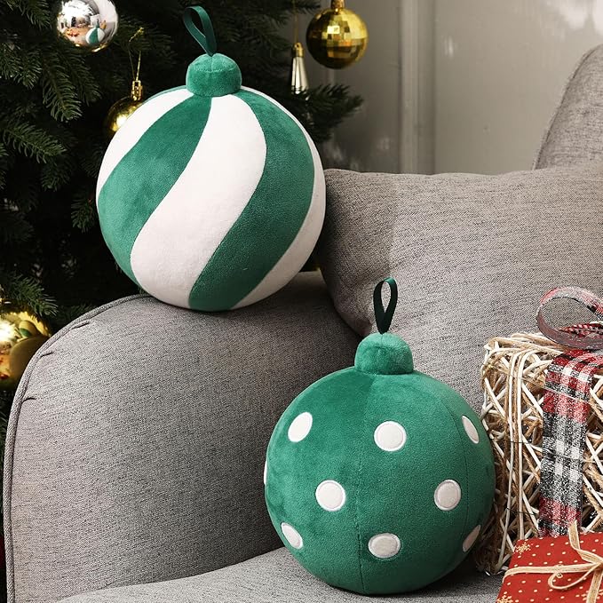 2 Pcs Christmas Pillows 7 Inch Round Christmas Ornament Shaped Throw Pillow Cute 3D Ball Xmas Throw Cushion Decoration for Bed Couch Sofa Chair Living Room(Green and White)