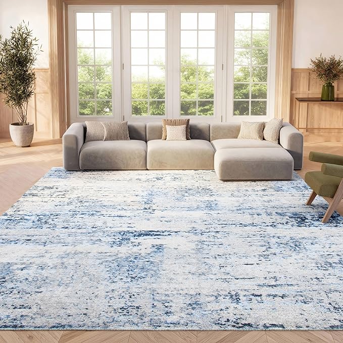 SAFAVIEH Amelia Collection Area Rug - 9' Square, Ivory & Navy, Modern Abstract Design, Non-Shedding & Easy Care, Ideal for High Traffic Areas in Living Room, Bedroom (ALA700B)