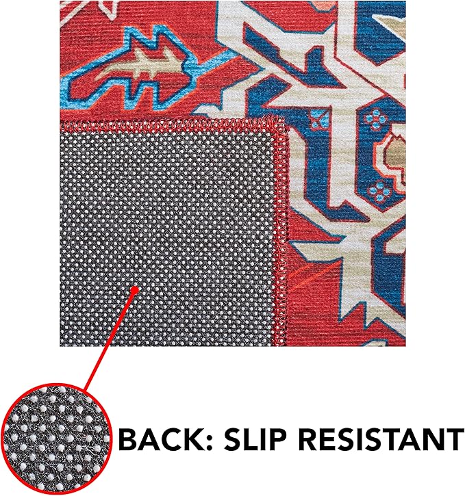 SAFAVIEH Washable Rug Tucson Collection - 5' x 8', Red & Blue, Slip Resistant & Easy to Clean, Ideal for Living Room, Bedroom, Dining Space (TSN101Q)