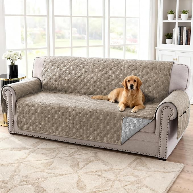 H.VERSAILTEX 100% Waterproof Sofa Covers for Dogs Pets with Non Slip Backing Couch Seat Covers with Side Pocket for 3 Cushion Couch Washable Dog Couch Cover Protector Sofa Slipcovers (Sofa, Taupe)