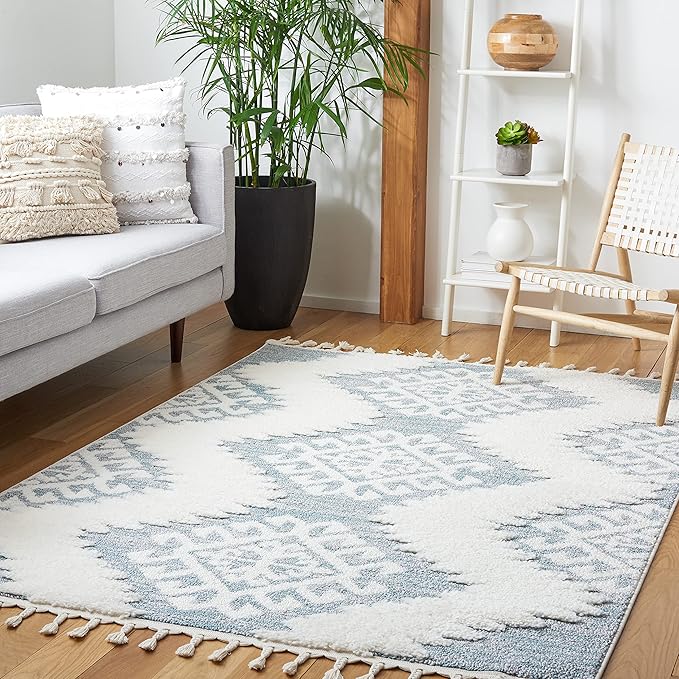 SAFAVIEH Moroccan Tassel Shag Collection Accent Rug - 3' x 5', Teal & Ivory, Non-Shedding & Easy Care, 2-inch Thick Ideal for High Traffic Areas in Entryway, Living Room, Bedroom (MTS652K)