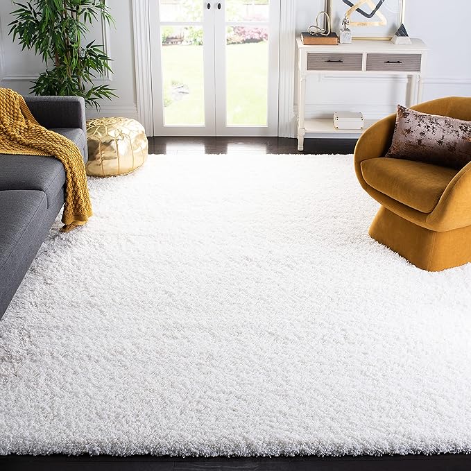 SAFAVIEH Santa Monica Shag Collection Area Rug - 9' x 12', White, Solid Design, Non-Shedding & Easy Care, 2-inch Thick Ideal for High Traffic Areas in Living Room, Bedroom (SGN725-1010)