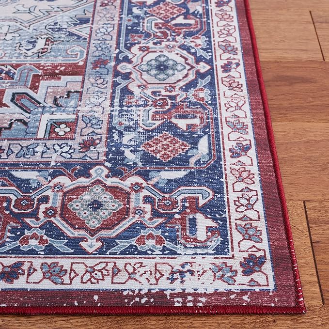 SAFAVIEH Washable Rug Tucson Collection - 6' x 9', Red & Navy, Slip Resistant & Easy to Clean, Ideal for Living Room, Bedroom, Dining Space (TSN101S)